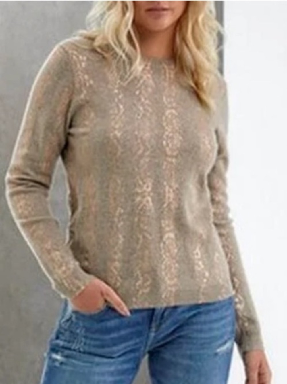 Brodie Cashmere Snake Print Metallic Foil Tan V-Neck Sweater S